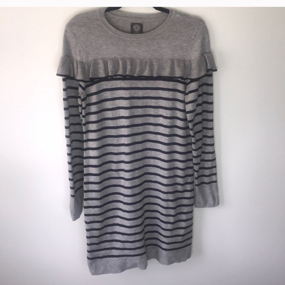 Vince Camuto grey sweater dress with ruffles